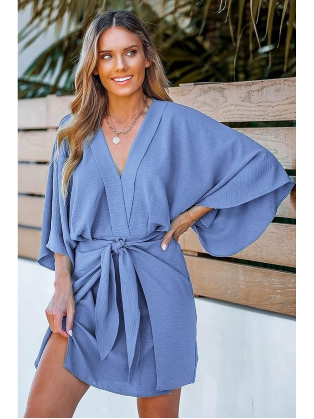 Cupshe Swim Cover Up Dress Womens Medium Blue Kimono Sleeve Belted Mini